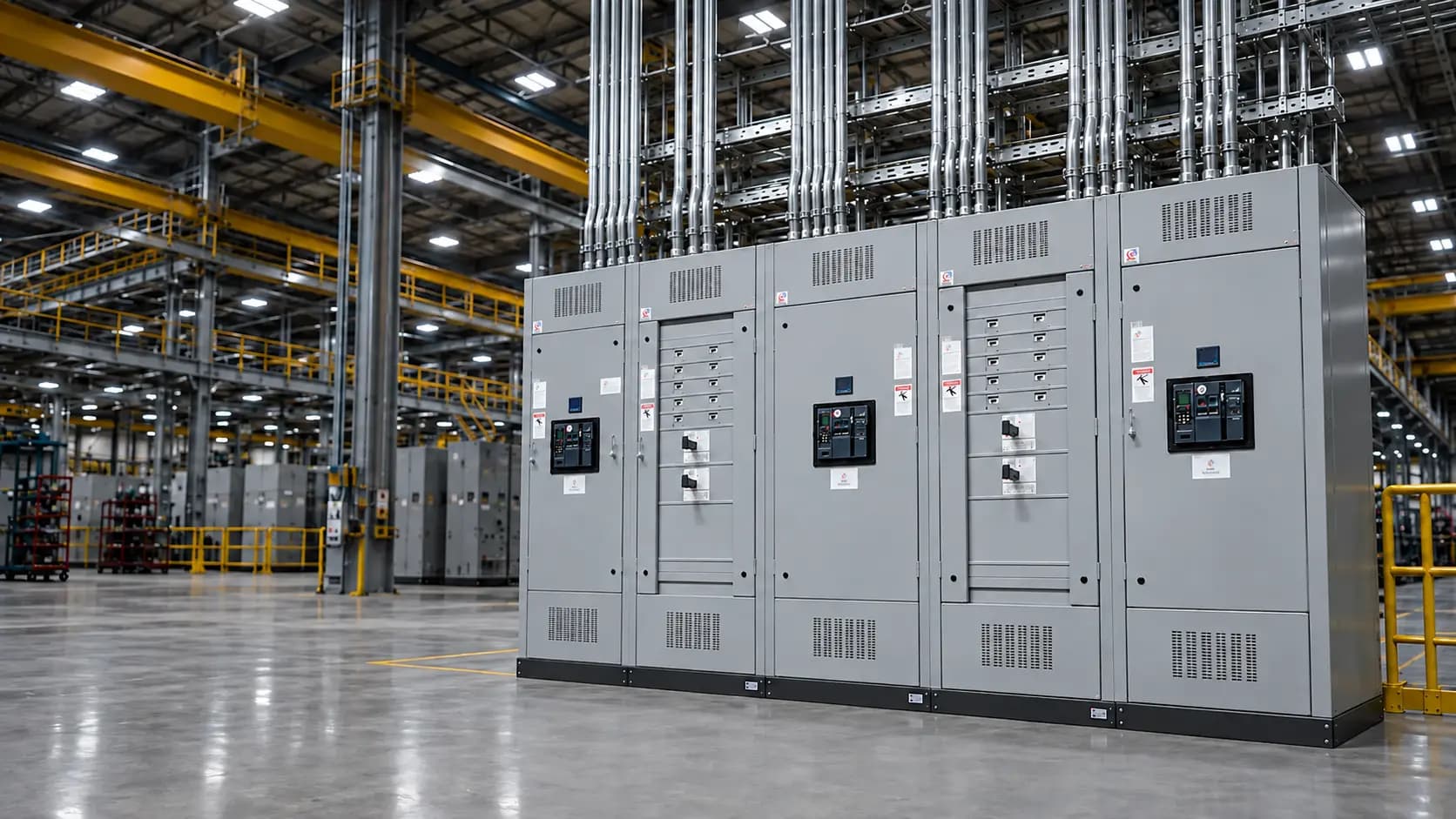Atlas five-section main-tie-main switchboard installed in an industrial facility with overhead conduits